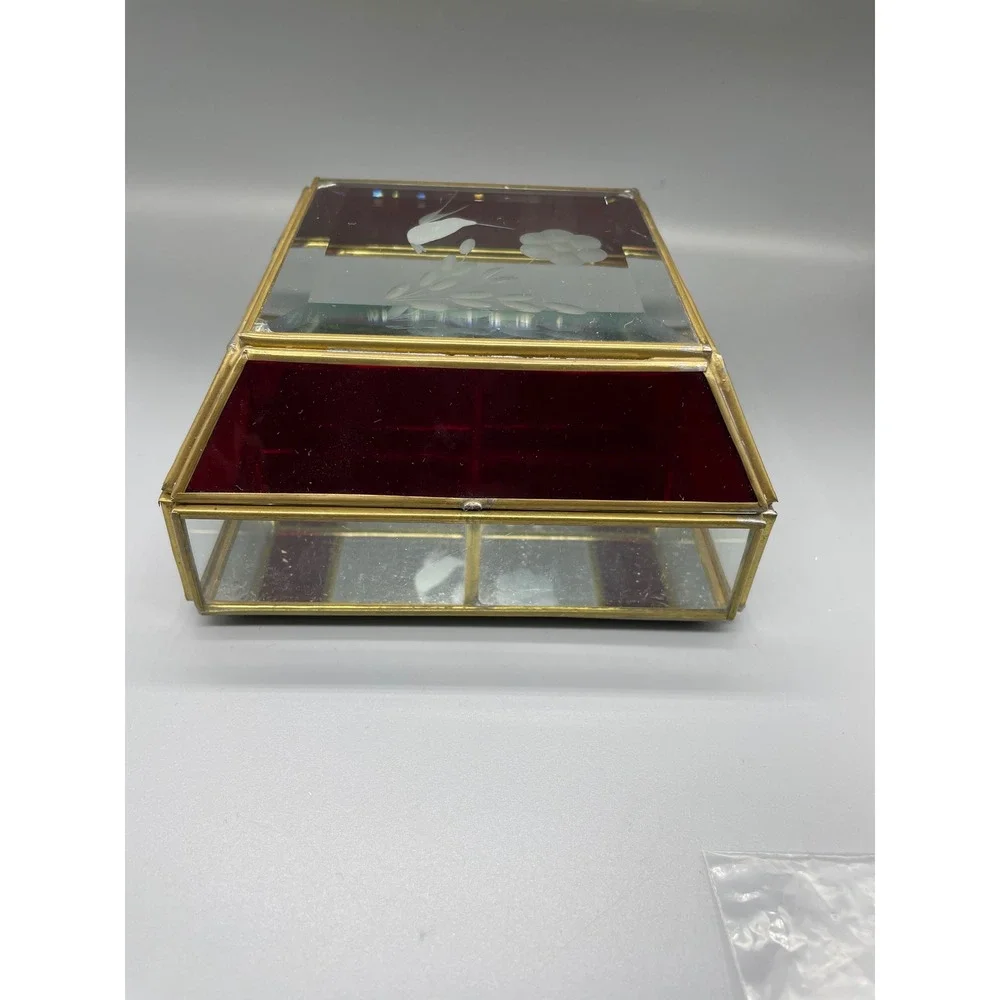 Vintage Red‎ Stained Glass Brass Jewelry Box Etched Hummingbird Floral Mirror